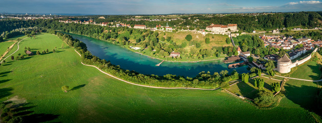 Aerial panorama of Burghausen the world's longest castle above the Inn river on the Austria-Germany border
