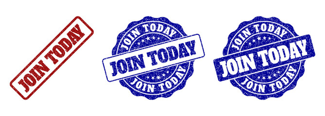 JOIN TODAY scratched stamp seals in red and blue colors. Vector JOIN TODAY overlays with dirty texture. Graphic elements are rounded rectangles, rosettes, circles and text labels.