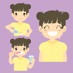 Brushing teeth activity cartoon vector collection. a girl putting a toothpaste on a toothbrush, a girl brushing his teeth and a girl smiling happily showing his clean teeth. 