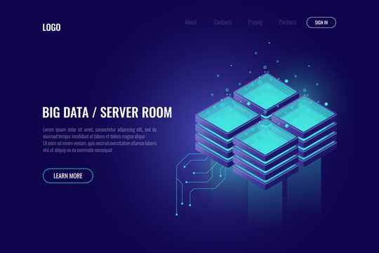 Big data processing, element of digital technology, server room rack, cloud computing isometric icon, data center and database concept dark