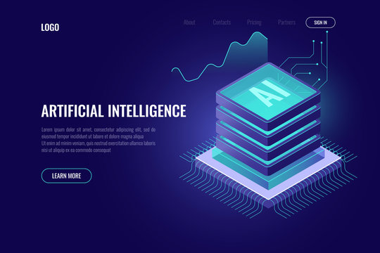 Artificial intelligence, AI isometric icon, computer brain, server room rack, big data, element for design digital technology dark neon