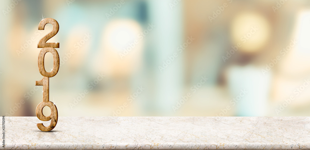 Aufkleber happy new year 2019 on marble table with pale soft bokeh wall,banner for display or montage of produ