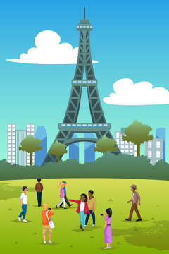 Tourists in Eiffel Tower France Illustration