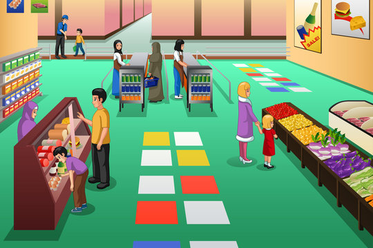 People Shopping in Grocery Store Illustration