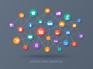 Goods and services. Icons set. Payment of goods, services, utility, restaurant. Shopping, marketing, delivery. Vector illustration