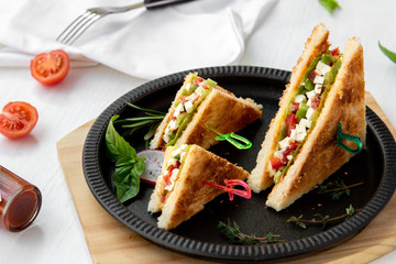Vegetarian sandwiches with cucumber, tomato, cheese