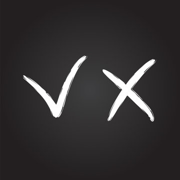 Check mark, cross mark symbols, chalk design. Vector icon.