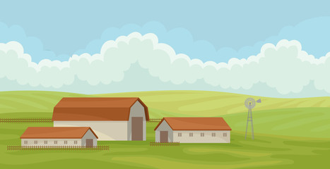 Summer rural landscape with barn, field with green grass, agriculture and farming vector Illustration on a white background © Happypictures