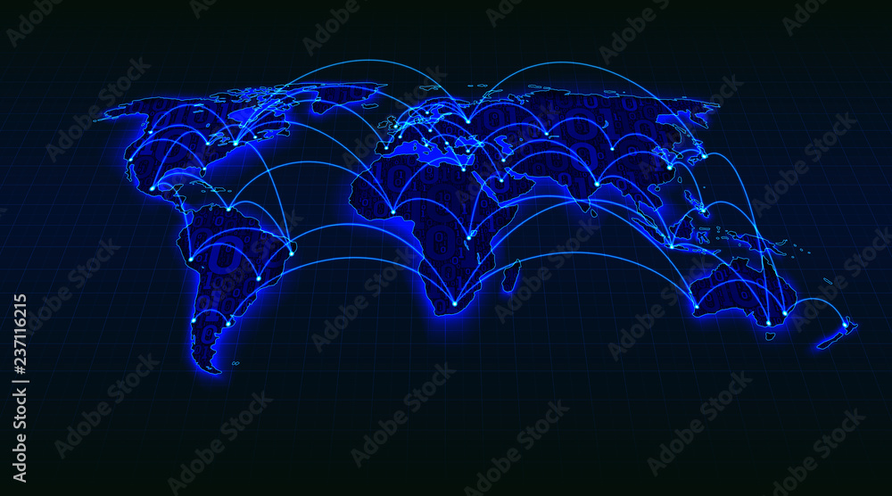 Poster Abstract world map from digital binary code on a dark grid background, global Internet transactions between cities and countries, vector illustration