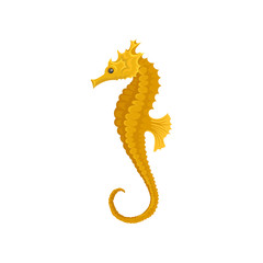 Fototapeta premium Yellow long-snouted seahorse. Marine animal. Sea and ocean life theme. Flat vector element for mobile game