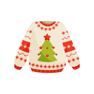 Christmas Sweater With Cute Holiday Ornament, Knitted Warm Winter Jumper Vector Illustration On A White Background