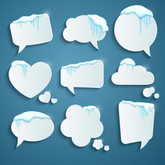 Set of various speech bubbles decorated with realistic snow and icicles. Design template for merry christmas. Vector