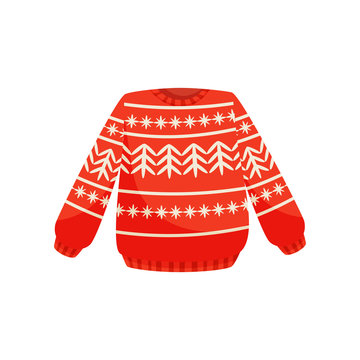 Red Christmas sweater with norwegian ornament, knitted warm jumper vector  Illustration on a white background Stock-Vektorgrafik | Adobe Stock