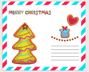 Merry Christmas greeting card color vector template. Gingerbread hand drawn lettering. Cute Christmas cookies illustrations collection. Holiday Xmas, New Year party poster, banner cartoon design