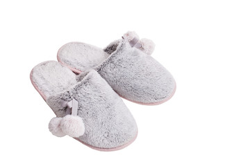 gray fur slippers isolated on white