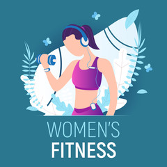 Silhouette of natural female model girl or mom with fitness women body in sport headphones who does the dumbbell gym workout exercise