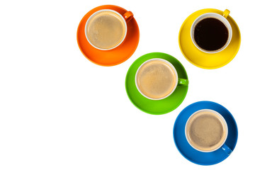 Coffee time. Bright colored composition of coffee cups