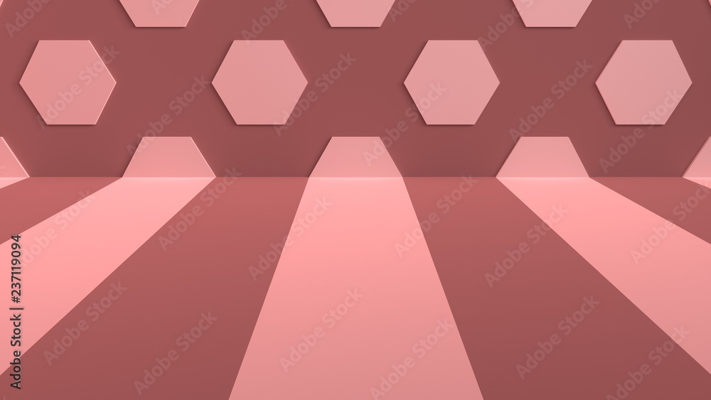 Poster studio background with stripes on the floor and hexagons on the wall. 3d rendering.