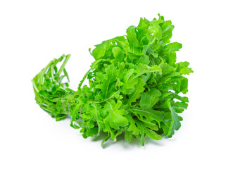 Obraz premium rucola or arugula, heap, salad leaves, isolated on white background