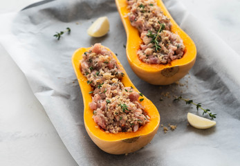 Pumpkin with minced meat with thyme, garlic. Healthy seasonal autumn cuisine. Copy space.