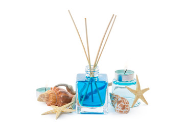 Fototapeta premium Beautiful spa composition with aroma diffuser on light background