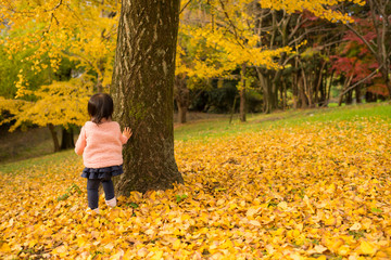紅葉狩りを楽しむ子供