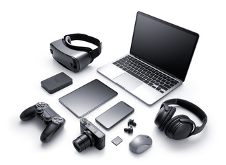 Fototapeta na wymiar Gadgets and accessories isolated on white background