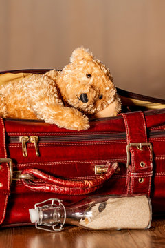 Travel concept of Teddy bear and red vintage suitcase