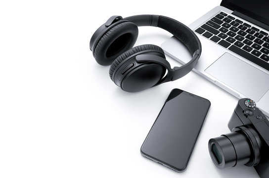 Laptop, smartphone, camera and headphone