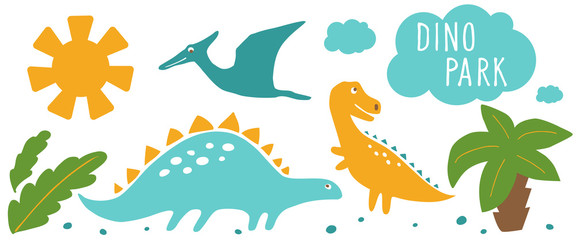 Dino park horizontal banner. Flat vector illustration.