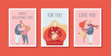 Valentine's day greeting card set with people. Romantic couple.