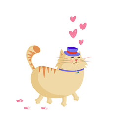 Fototapeta premium cute cartoon smiling ginger cat in top hat walking with hearts around.