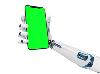 White robot hand holding smartphone mockup 3d rendering