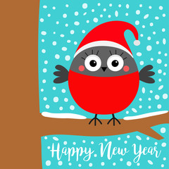 Happy New Year. Bullfinch winter red feather bird on tree branch. Santa hat. Candy cane. Cute cartoon baby character. Merry Christmas. Greeting card. Flat design. Blue snow flake background.