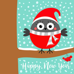 Happy New Year. Bullfinch winter bird on rowan rowanberry sorb berry tree branch. Red Santa hat, scarf. Merry Christmas. Cute cartoon baby character. Candy cane. Flat design. Blue snow background.
