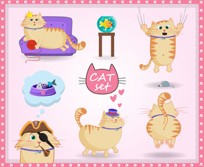 Vector set of cute cartoon cat in life situations on pink background with paws frame.
