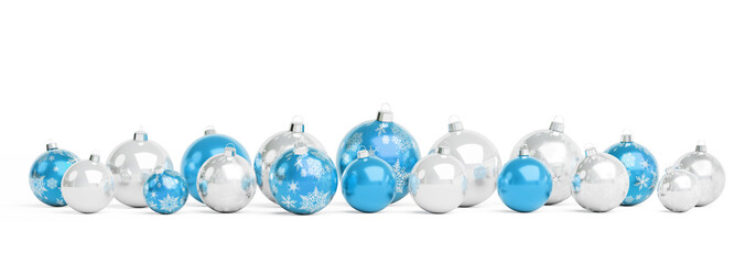 Blue and silver christmas baubles isolated 3D rendering