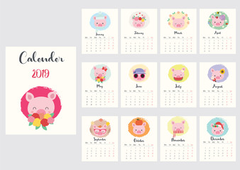 Calendar 2019. Cute pig