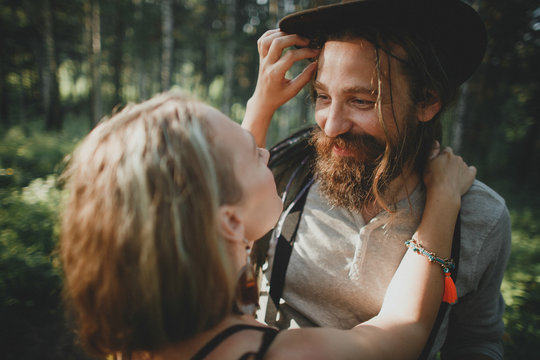 Sensual Hipster Couple In Boho Clothes In Nature. Summer Photo