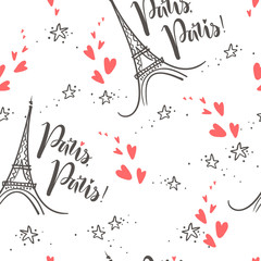 Vector doodle seamless pattern with Eiffel Tower and lettering P - 237122223