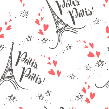 Vector doodle seamless pattern with Eiffel Tower and lettering P