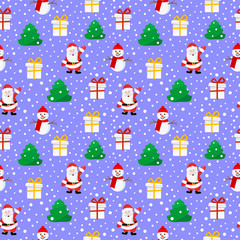 Seamless background. New year and Christmas. Santa Claus, snowman and gifts on winter landscape background. Vector illustration