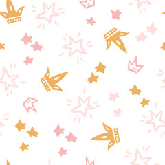 Materiał do szycia Vector doodle seamless pattern with stars, crowns. Pink color il
