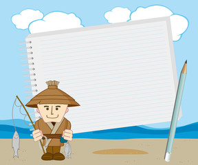 Note pad plus pencil with Fisherman on a sand coast