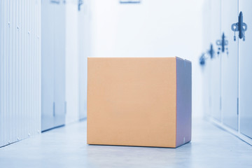 Cardboard box in storage room.