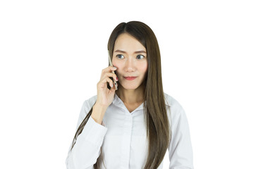 Asian business woman office worker communicating with mobile phone isolated on white background.