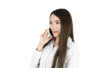 Asian business woman office worker communicating with mobile phone isolated on white background.