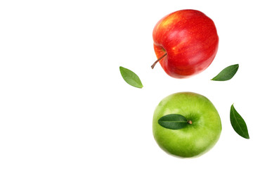 green and red apples isolated on white background. top view