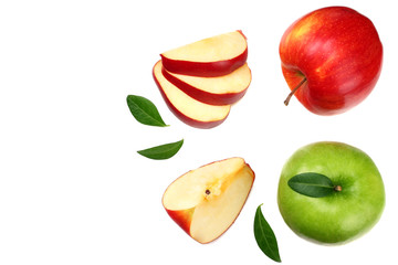 green and red apples with slices isolated on white background. top view