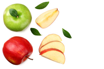 green and red apples with slices isolated on white background. top view